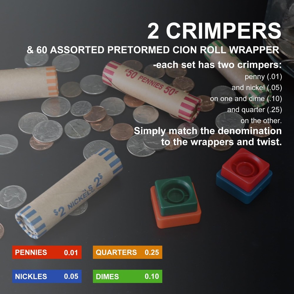 60 Assorted Coin Roll Wrappers with Color Coded Crimping Tool Quarters Dime