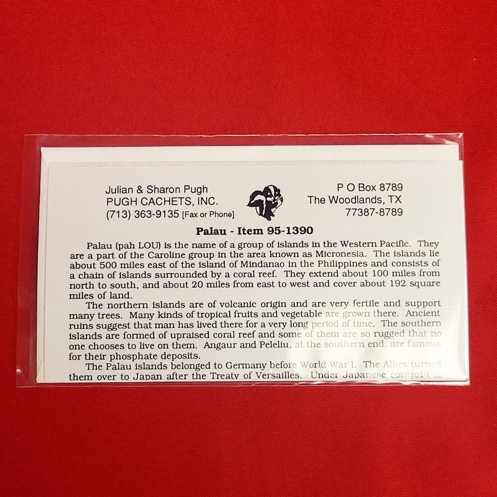 First Day of Issue Palau Stamp Cache Envelope Enclosure