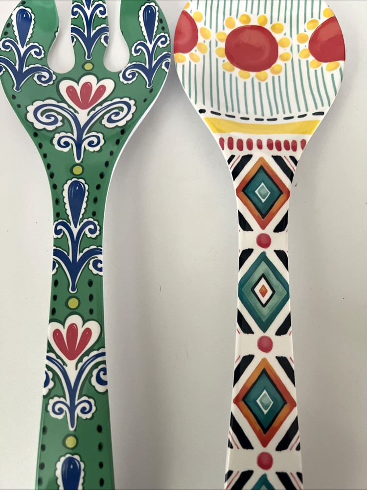 Pier 1 Melamine Salad Server Host Gift Fork & Spoon 2-pc Set Mixed Matched Fun !