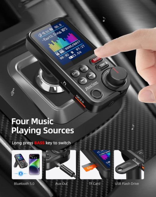 FM Bluetooth Transmitter for Car, Strong Microphone Bluetooth Car Adapter 1.8"