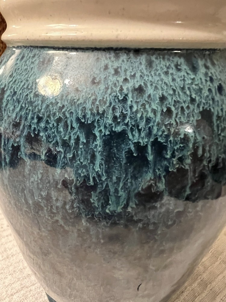 Pottery Vase Blue Ocean Affect With White Smooth Stonelike Collar. Initialed