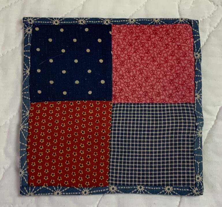 Antique Vintage Patchwork Small Quilt Table Topper, Four Patch, Early Calicos