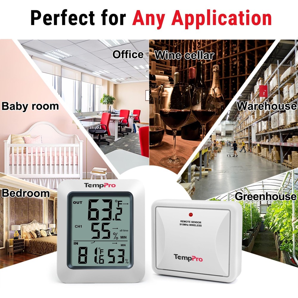 TempPro Wireless Outdoor Hygrometer, 200ft/60m Range, Light White-1 Sensor