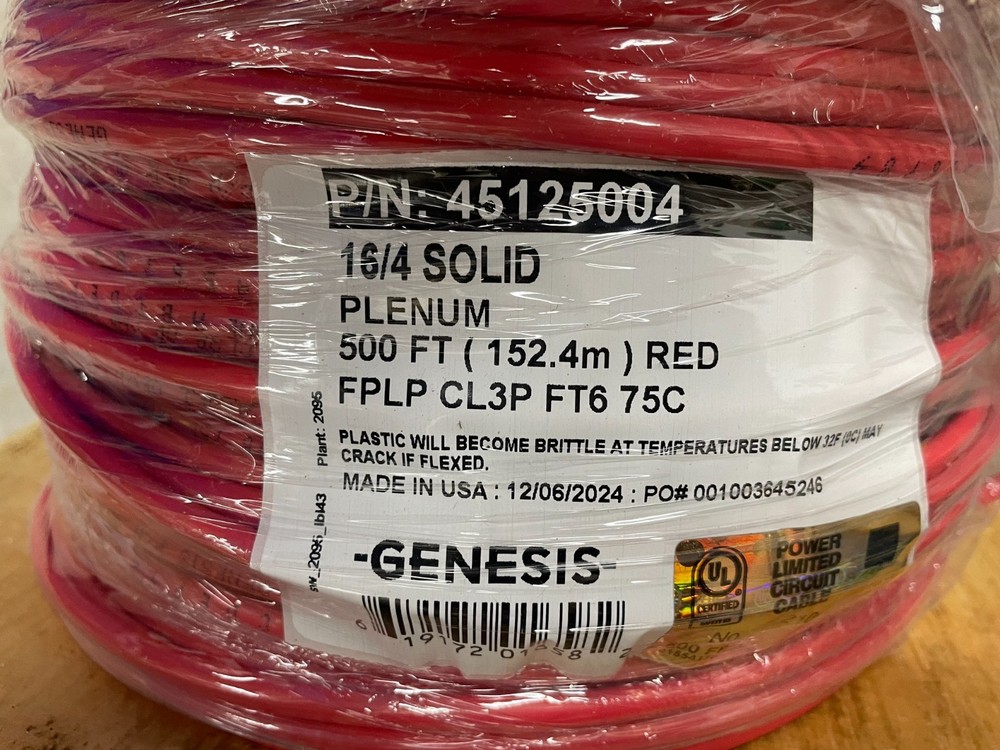 Genesis 45125004 16/4 Solid Unshielded Fire Alarm Cable, Plenum, FPLP, 500'