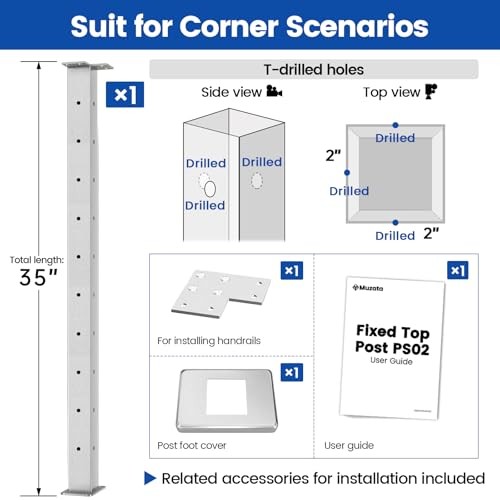 Corner Cable Railing Post 36 Inch 36"x2"x2" T-drilled One-Post Corner post