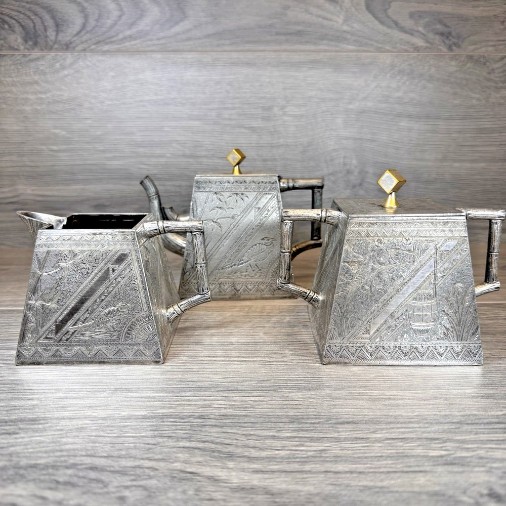 James W Tufts Silver Plated Cubist Square Aesthetic Movement Tea Set 1900