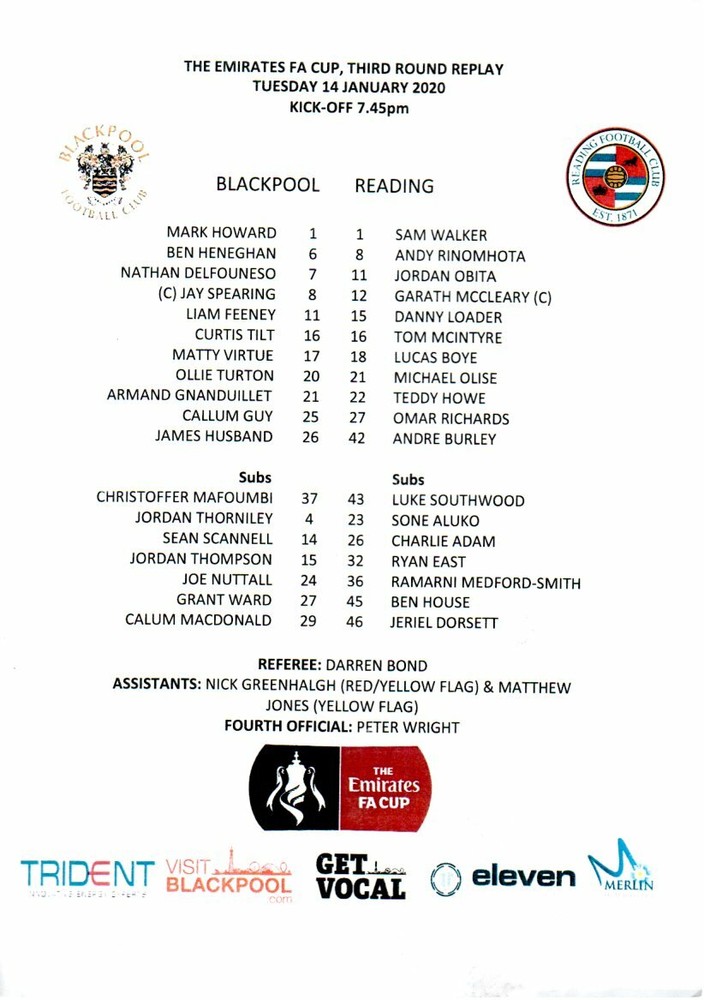 Team Sheet - Blackpool v Reading FAC 14.1.2020