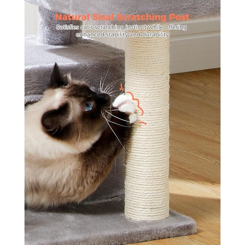 Ergonomic Cat Tower Multi-Level Condo Padded Perch Double Pompoms Stylish Design