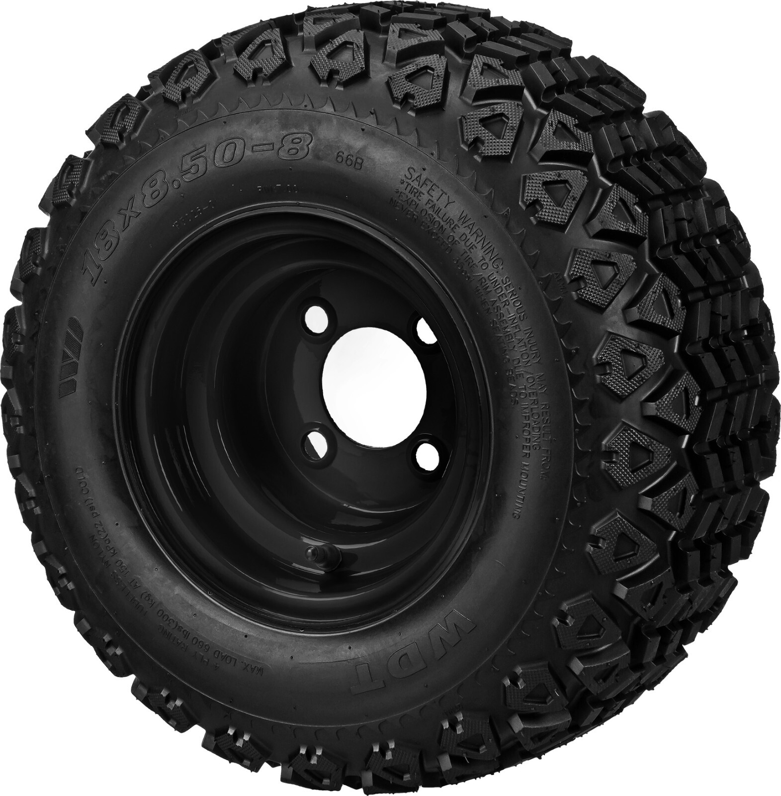 18x8.50-8 Black Trail All-Terrain DOT Tires on 8x7 Gloss Black Steel Wheels (4)