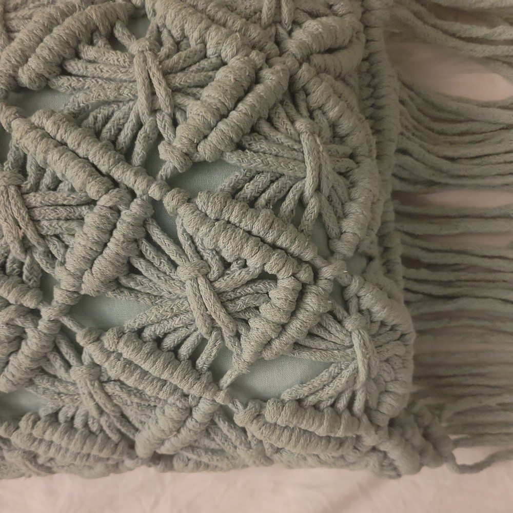 macrame Pillow Boho Throw Rectangle 11"×19" zipper Mint Green Granny Core Read