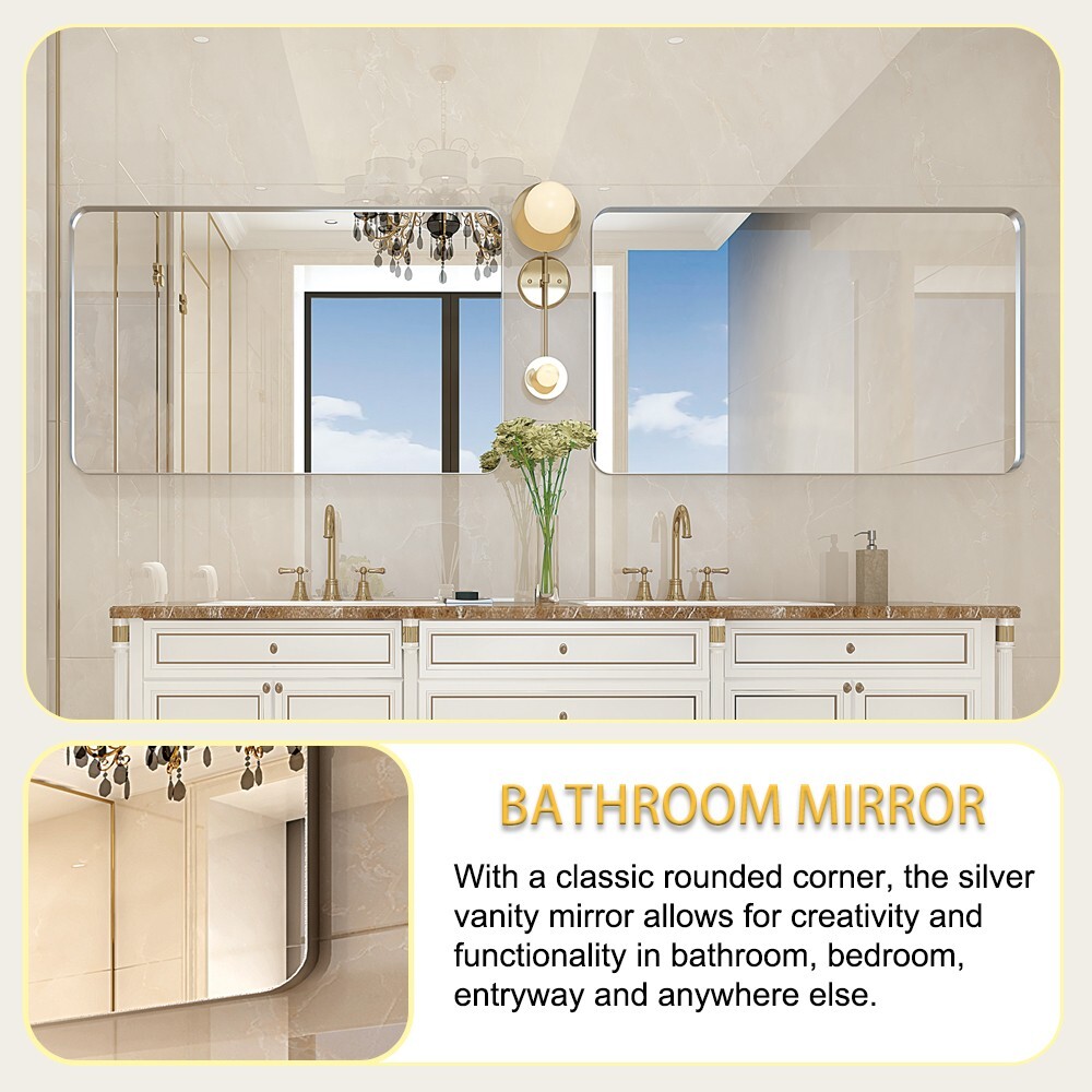 30x20 Inch Glossy Brushed Silver Rectangle Bathroom Mirror with Rounded Corners