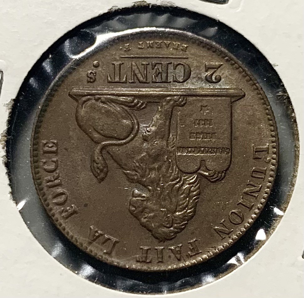 1863 Belgium 2 Centimes Lion Copper Coin