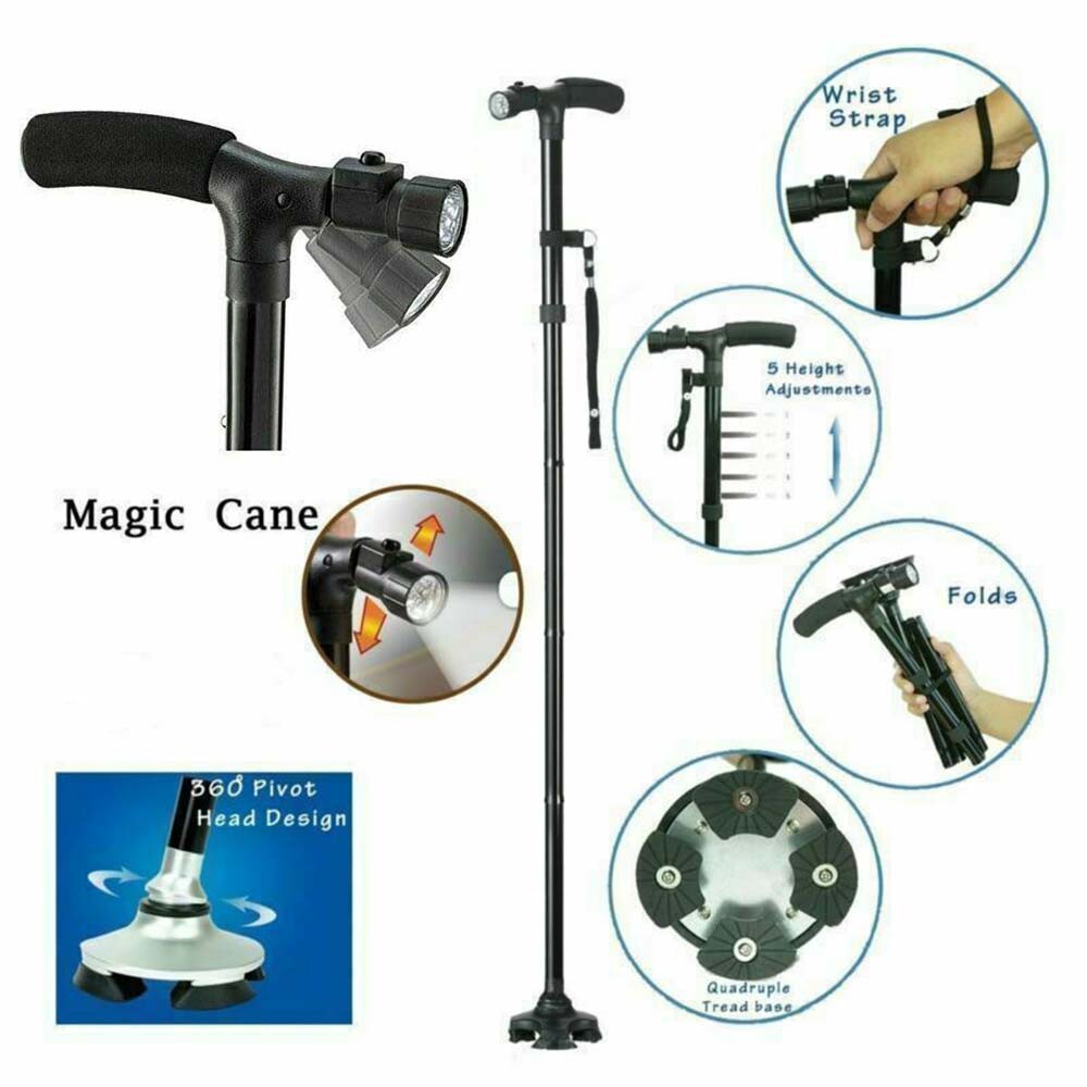 Retractable Non-Slip Walking Stick LED Light Extendable Adjustable Walking Cane