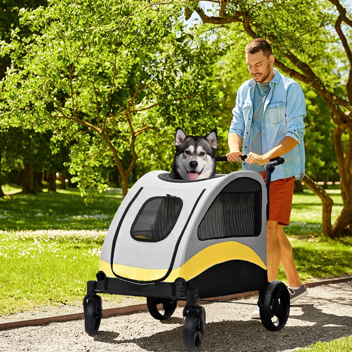 Foldable Large Pet Jogger Wagon Stroller with 4 Heavy Wheels Adjustable Handle