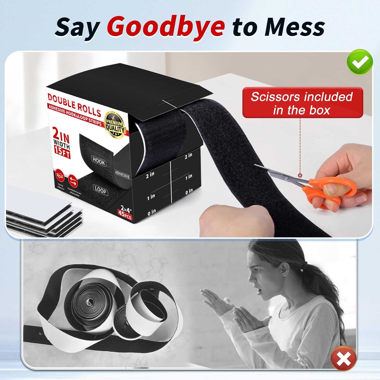 2 Inch X 15Ft Hook and Loop Strips with Adhesive, Double Sided Self Adhesive, Ny