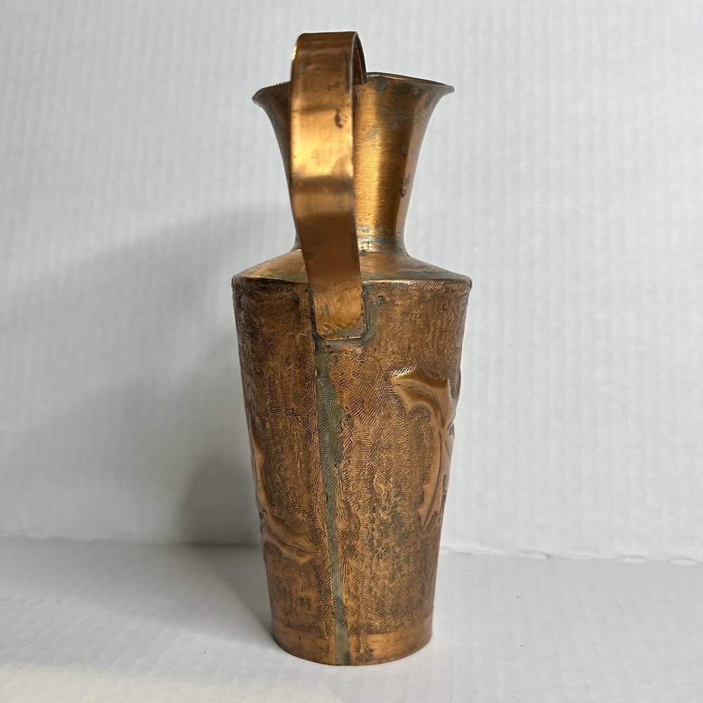Antique Copper Hand Hammered 7” Pitcher With Stylized Leaf Forms