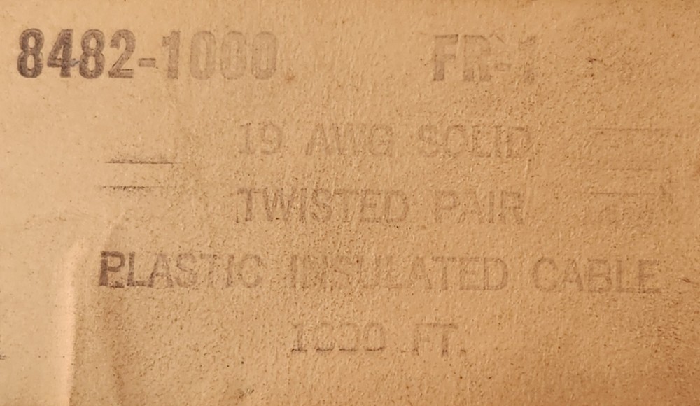 BELDEN 19 AWG Solid Copper Twisted Pair Plastic Insulated Cable Wire #8482 20'