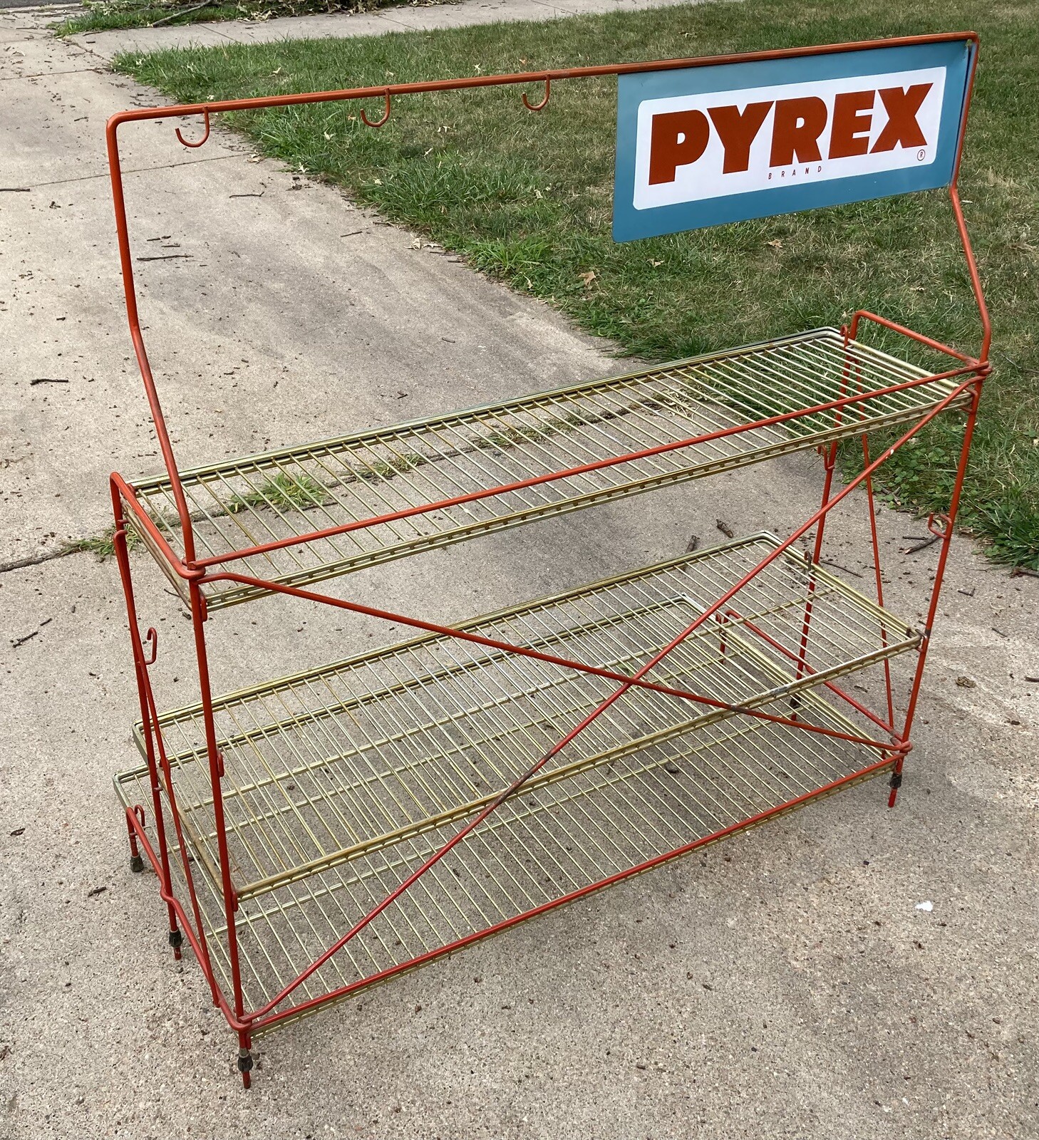 VERY RARE Pyrex Wire Rack Metal Standing Store Display With Sign WOW!
