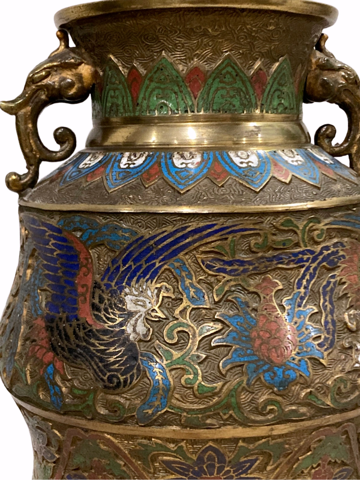 Antique Vintage Rare Shape Lrg Japanese Champleve Cloisonne Enamel Handled Vase