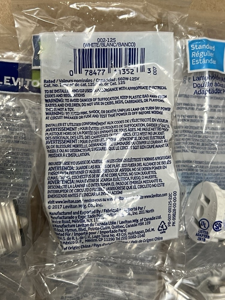 Leviton 002-125 Medium Base Light Socket to Outlet Adapter White ( 10-Pack ) New