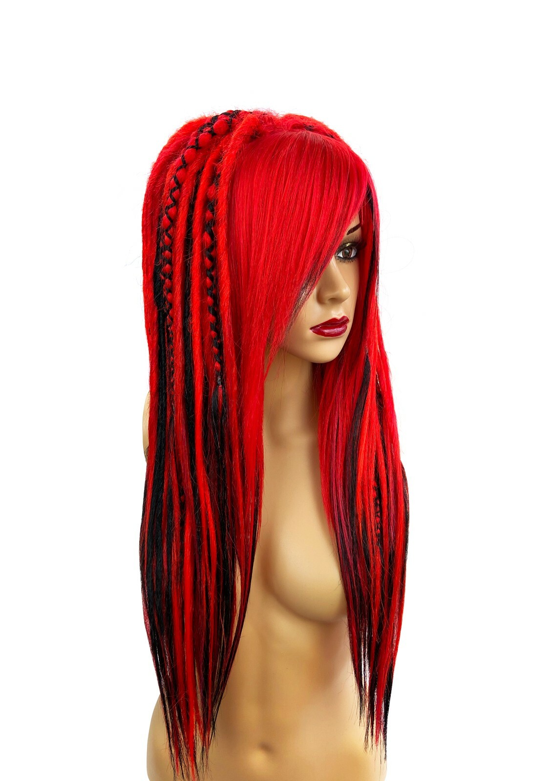 Red Black Synthetic Dread Wig Bangs Full Density Hair Gothic Cyberpunk Cosplay