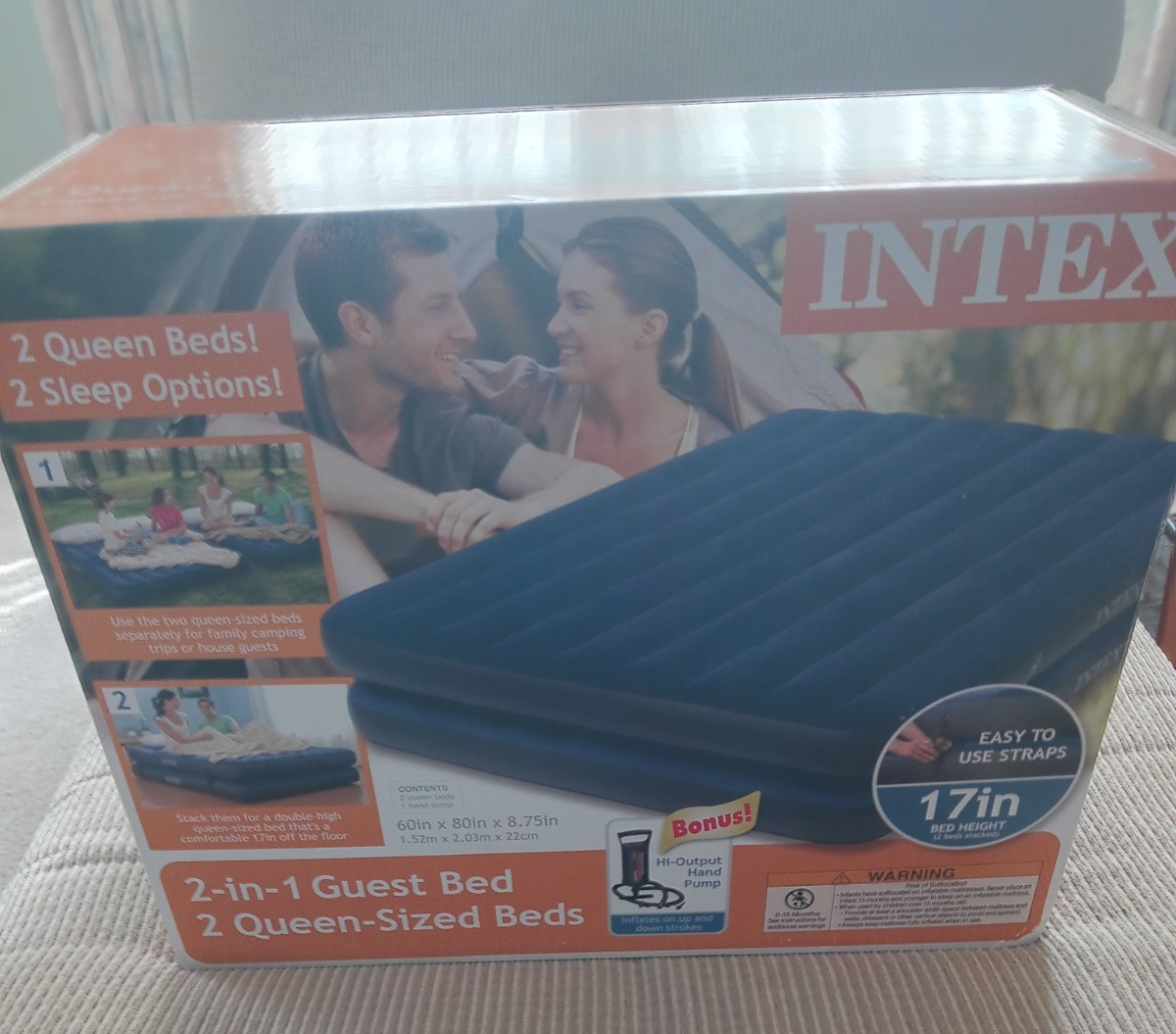 Intex 2 in 1 Guest Bed 2 Queen Sized Air Mattress Beds w/ Hi Output Hand Pump