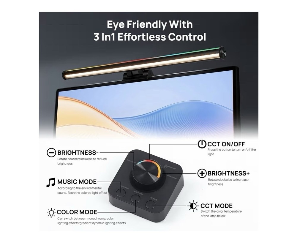 Monitor Light Bar Dual Light Source Music Sync CRI 92