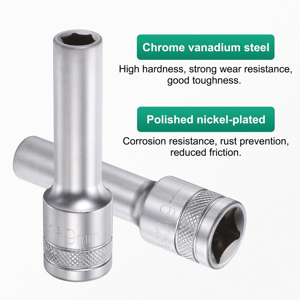 2pcs 6 Points Deep Socket 1/2" Drive 9mm Nickel Plating Hex Socket 3.1" Long
