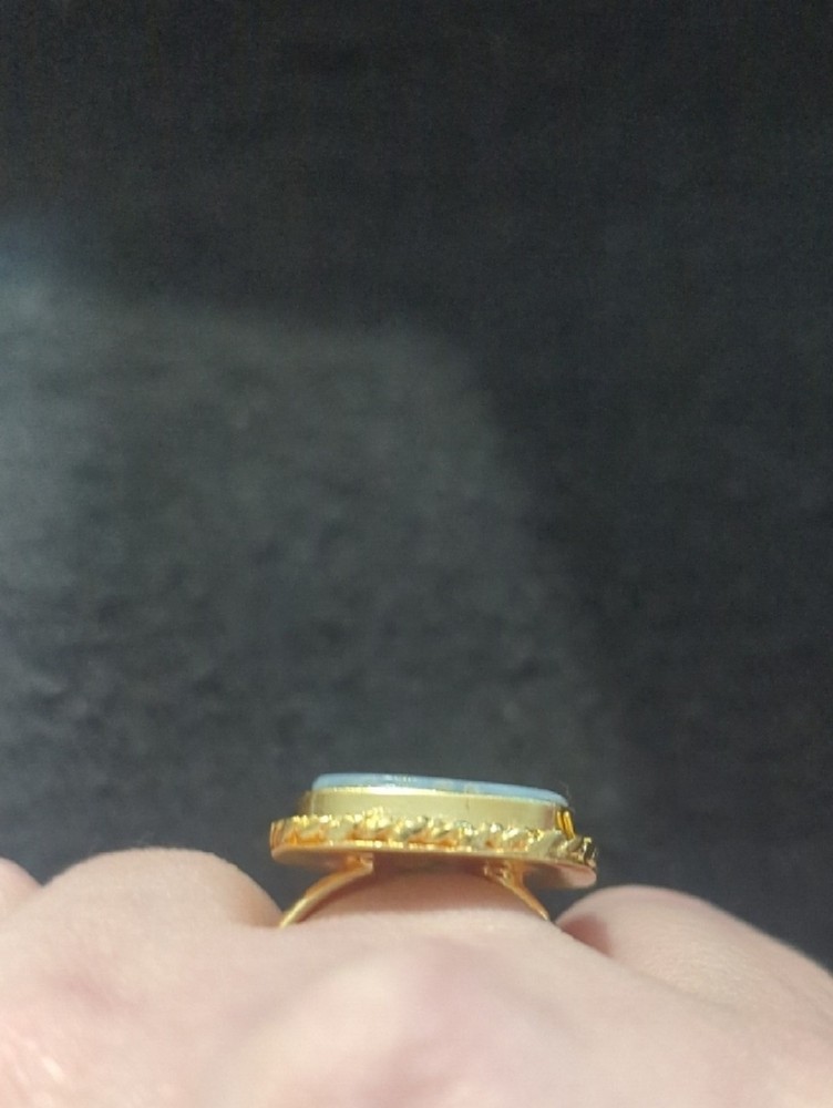 Gold Tone Blue Grey Owyhee Opal Gemstone Square Statement Ring - Size 9.5