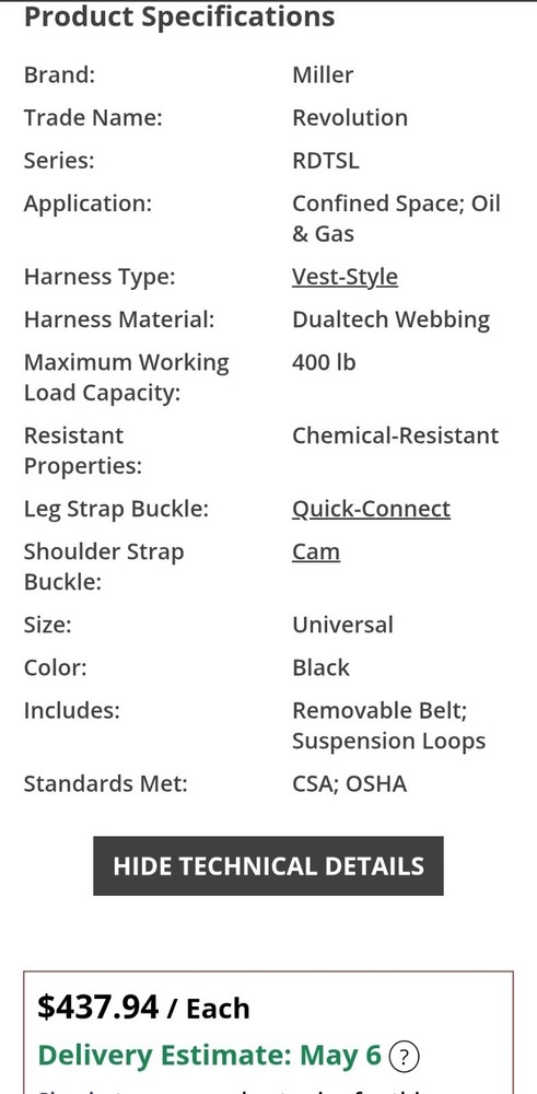 Miller Revolution RDTSL Body Harness