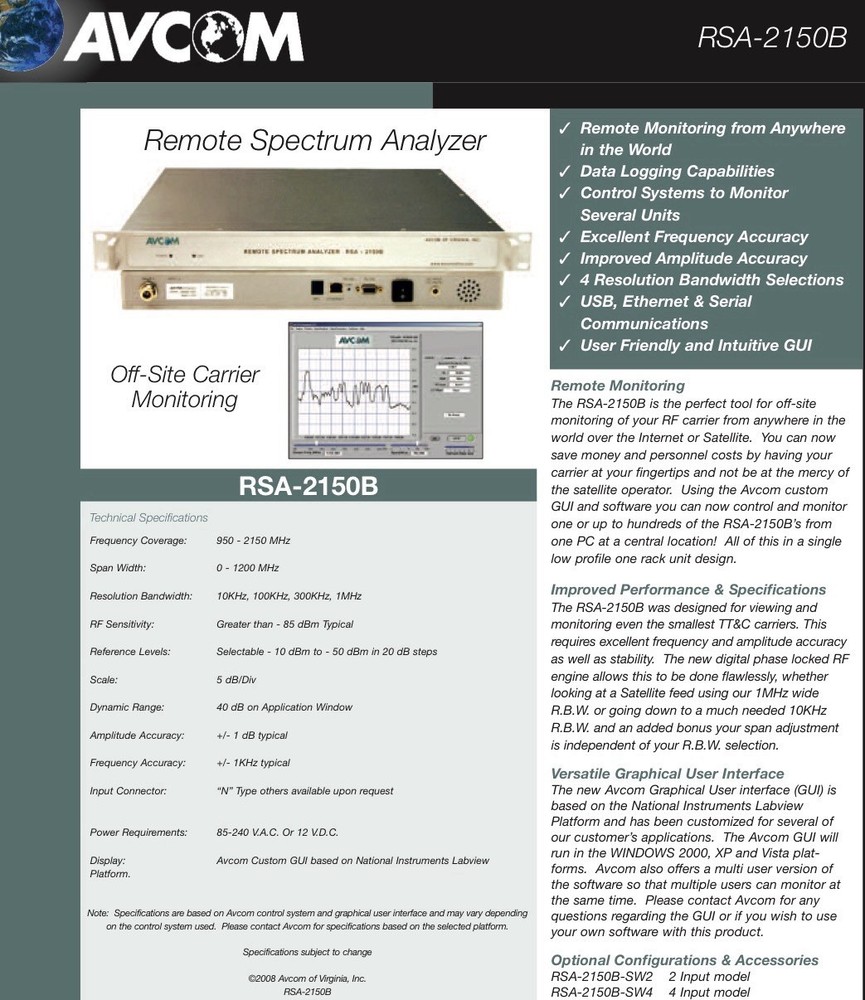 AVCOM RSA-2150B Remote Spectrum Analyzer: 950-2,150MHz FreeShipping