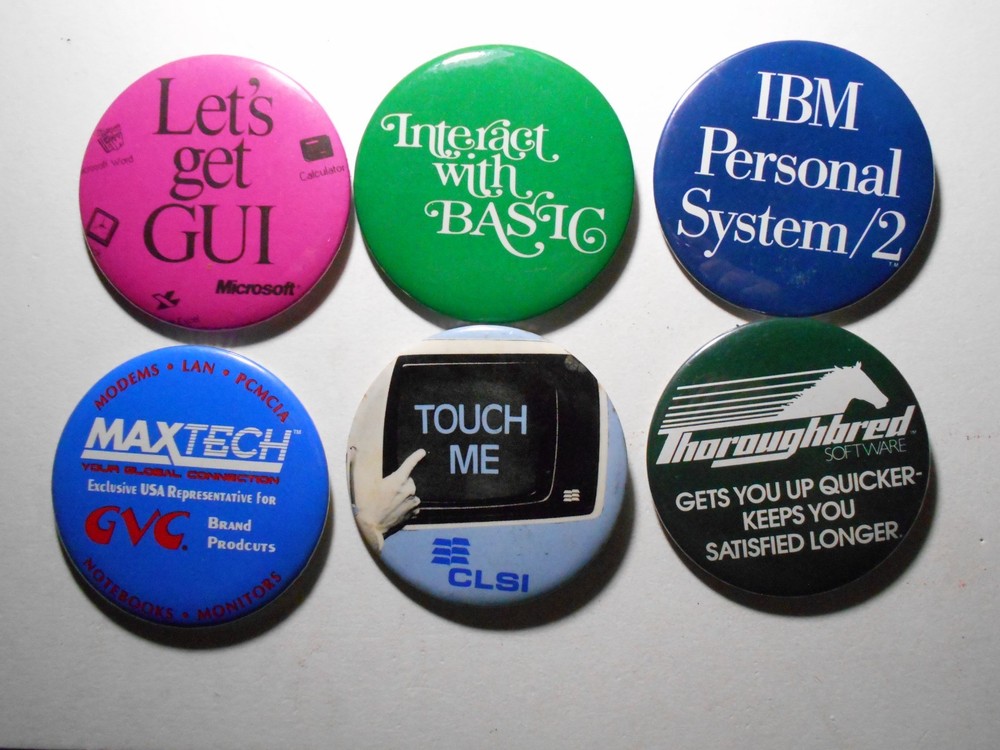 AD0023: Six Computer Hardware/Software Pin-Back Buttons 3" IBM