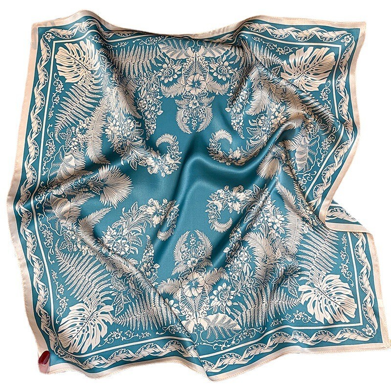 100% Silk Scarf Women Vintage Blue Flower Kerchief Square Bandana Wrap 53*53cm