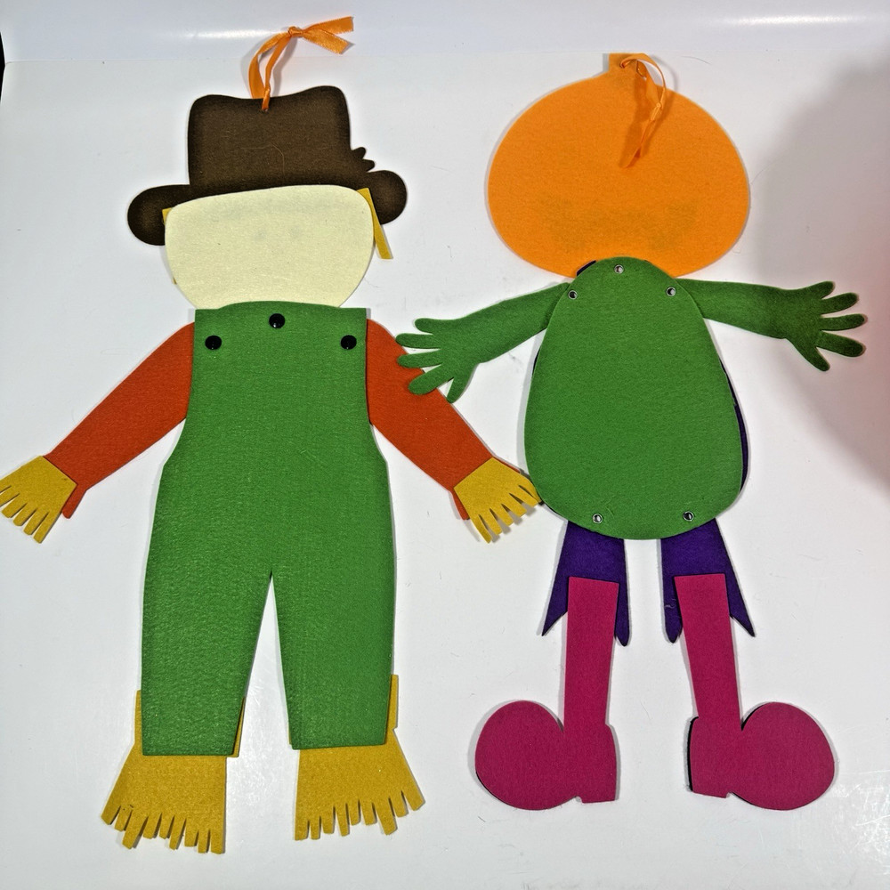 Felt Jointed Scarecrows 20" Fall Window Wall Hanging with Pumpkin Vintage