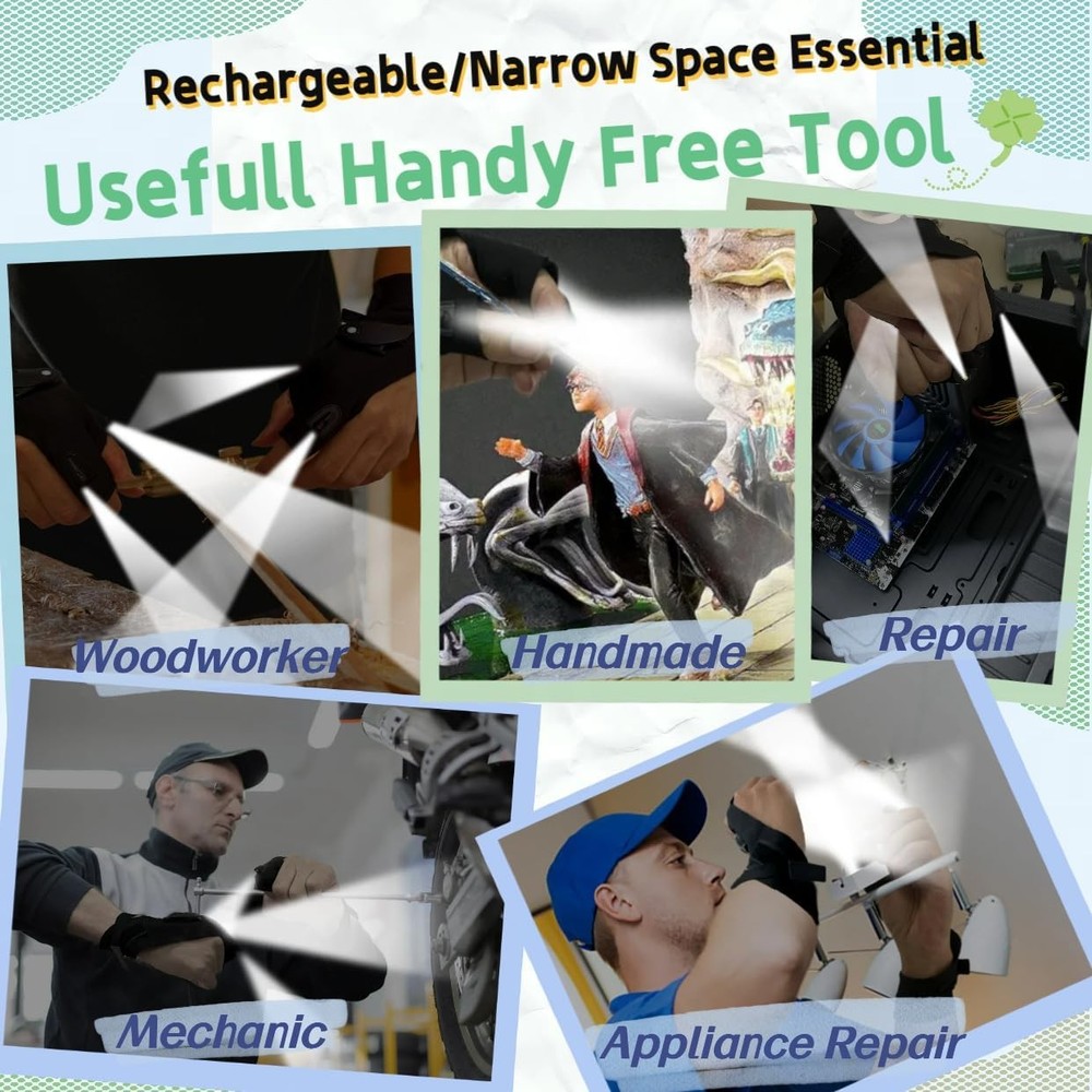 Waterproof Rechargeable LED Flashlight Gloves, Adjustable Strap,