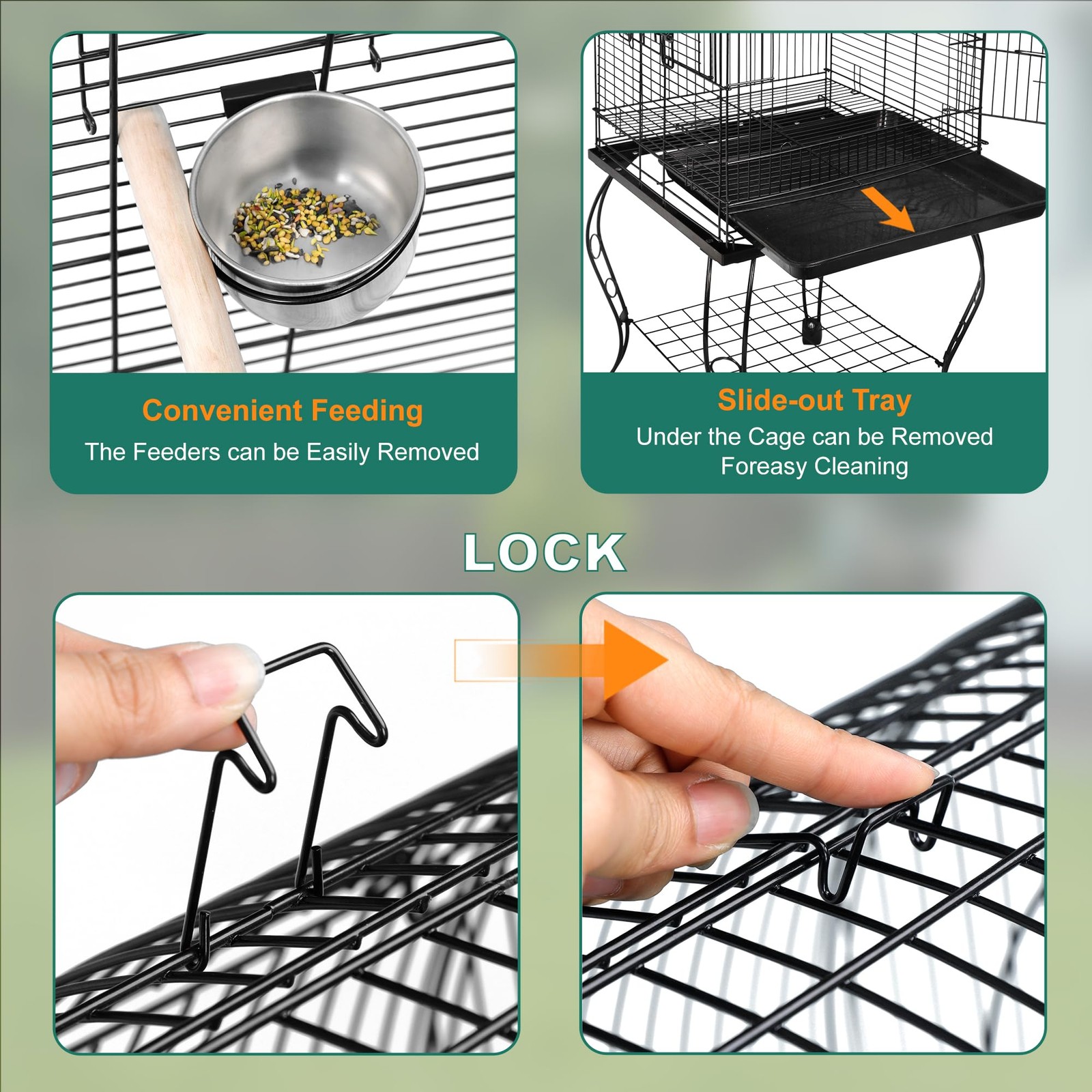 63.5 Inch Open-Top Wrought Iron Bird Cage with Slide-Out Tray and Rolling Stand