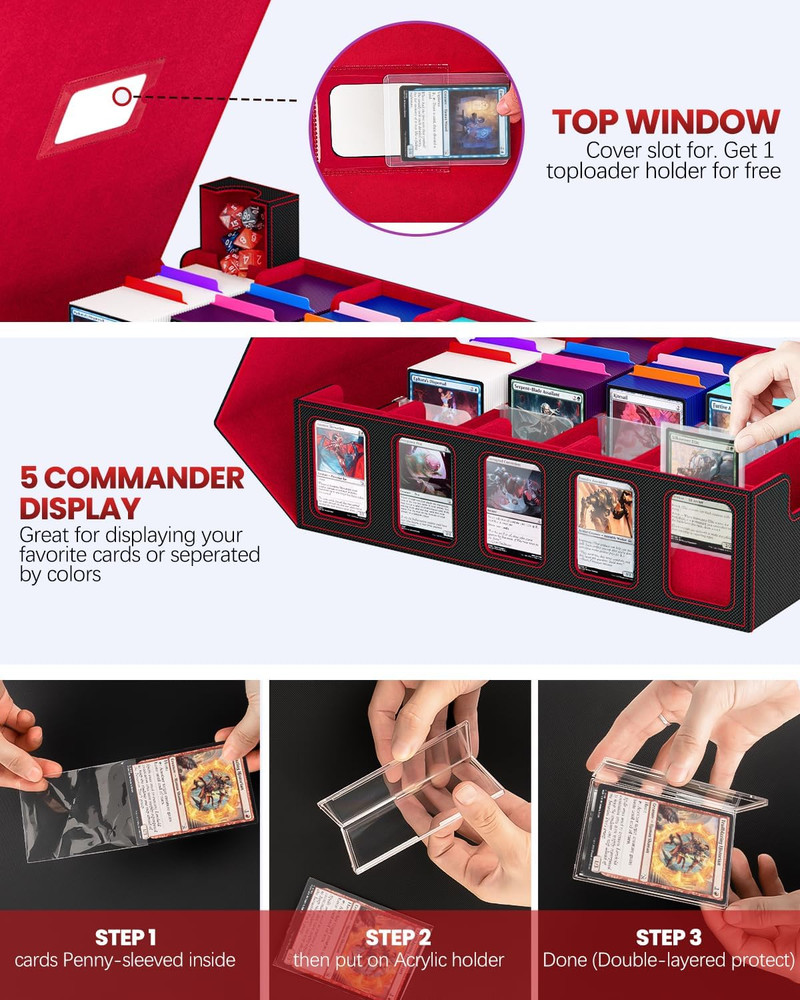 Trading Card Storage Box, 5 Row Card Deck Case with Commander Display & Portable