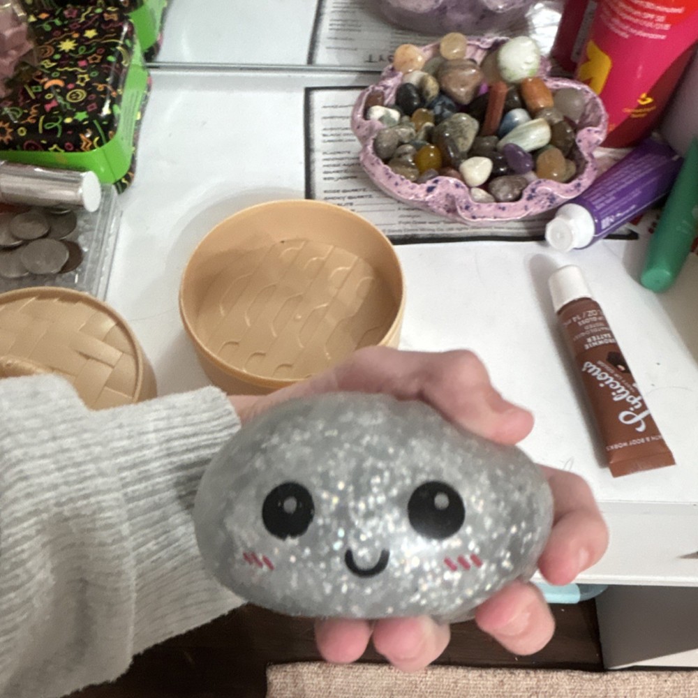 RMS Glitter Squeeze Ball Stress Reliever Silver Multicolor Cute Face