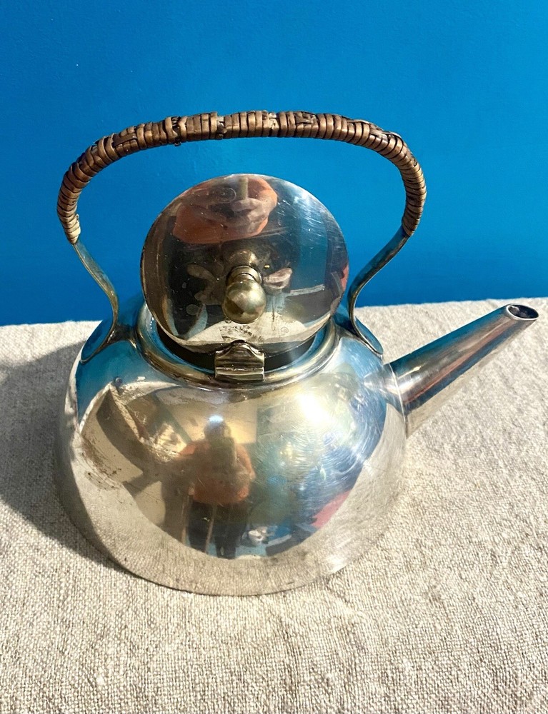 BRITISH Silver/Plated TEAPOT WICKER Handle Latched Lid EUC Modernist