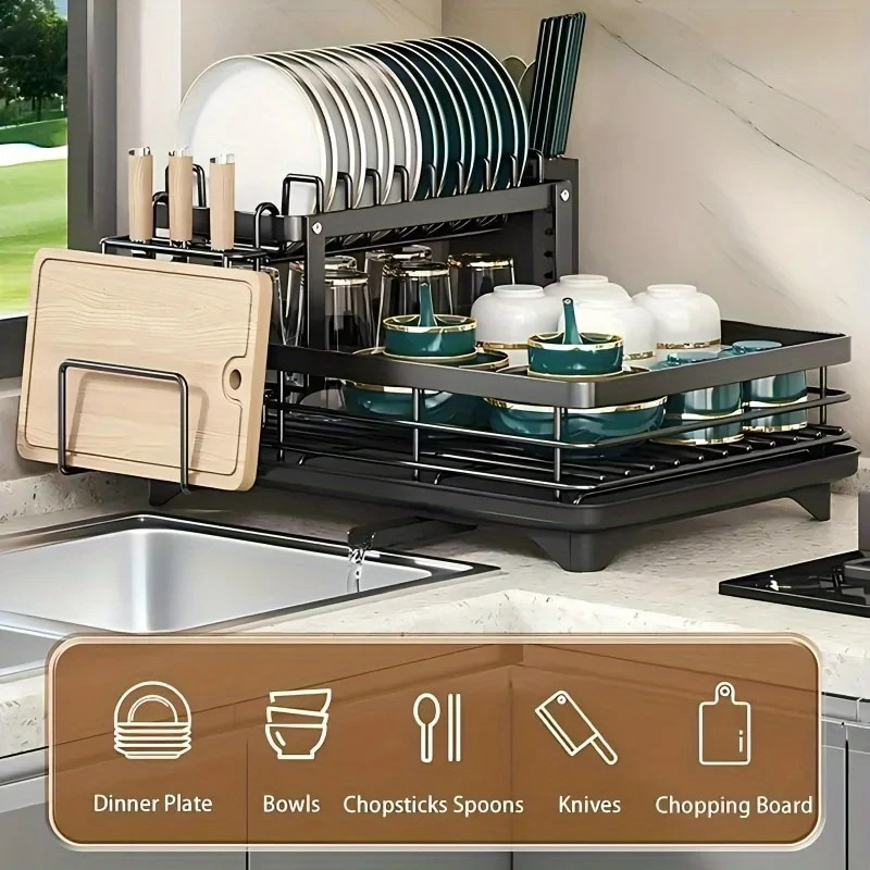 2 Tier Dish Drying Rack Kitchen Drainer Cup Holder Counter Organizer