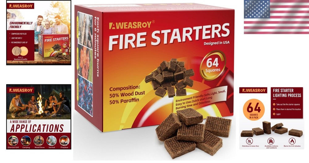 64 Pack Fire Starter Squares - Fast, Safe, & Effective for Fire Lighting