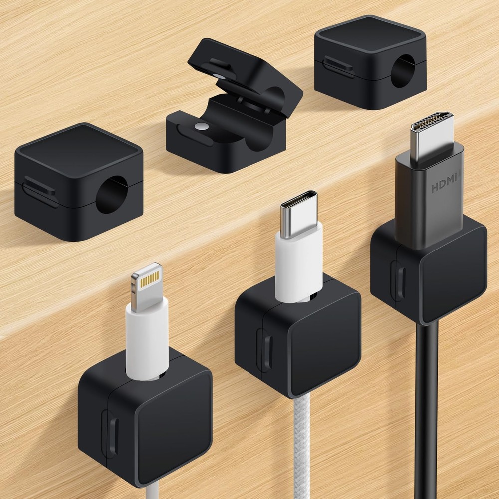 6 Pack Magnetic Cable Clips+2 Sheets (20 Lables) Cute 6-Pack, Black