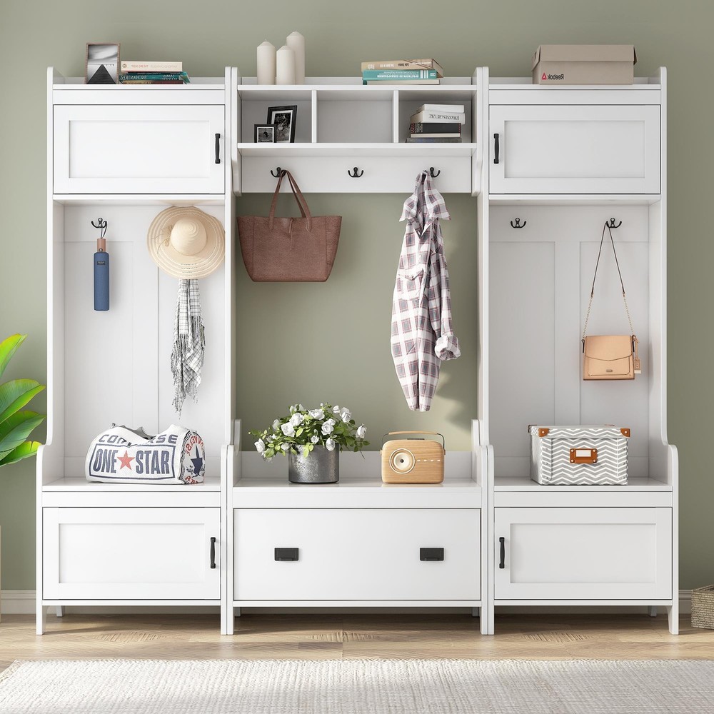 4-in-1 Multiple Functions Entryway Bench Hall Tree with Ample Storage Drawer