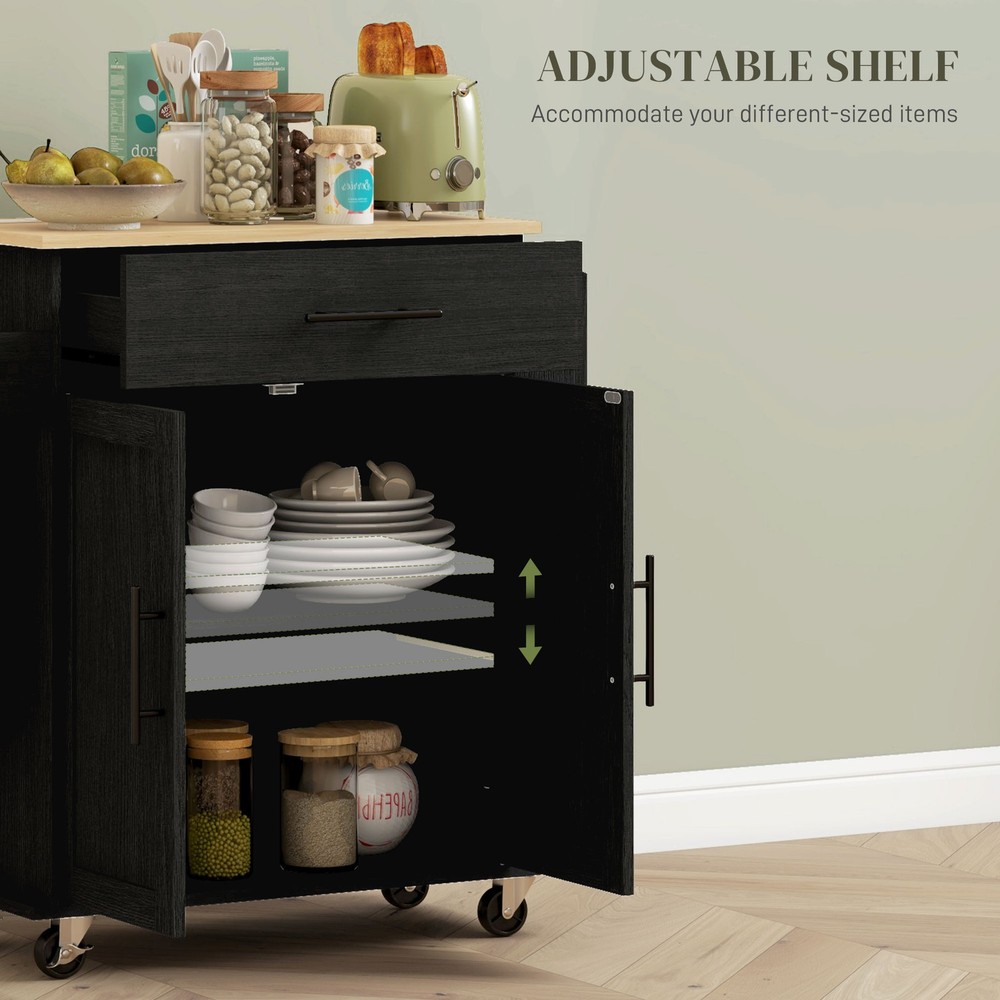 Kitchen Island with Storage and Power Outlets, Rolling, Black