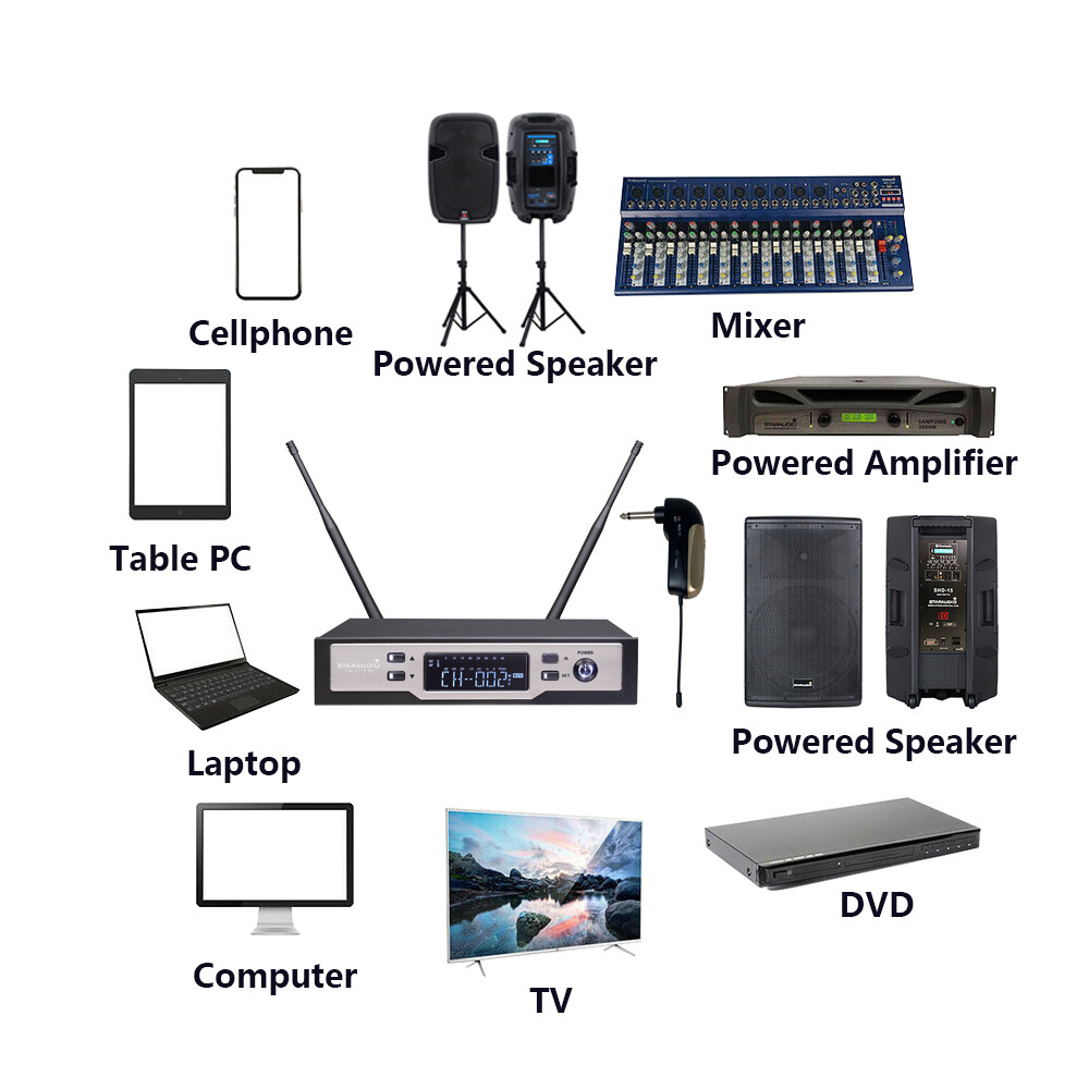 Quad Dynamic Wireless UHF Microphone System Guitar Straight pug Angled plug Mics