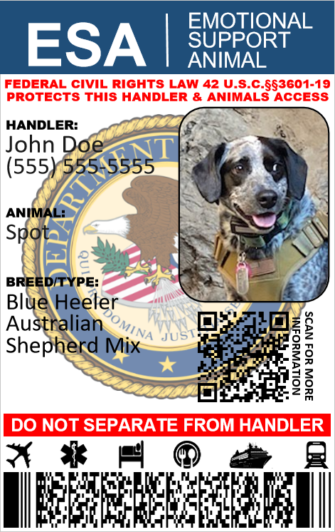 EMOTIONAL SUPPORT ANIMAL ID CARD ESA PHYSICAL & DIGITAL CUSTOMIZABLE 2 SIDED