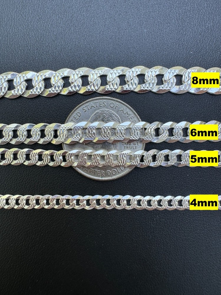 Real Solid 925 Silver Flat Diamond Cut Curb Cuban Link Bracelet 4-8mm