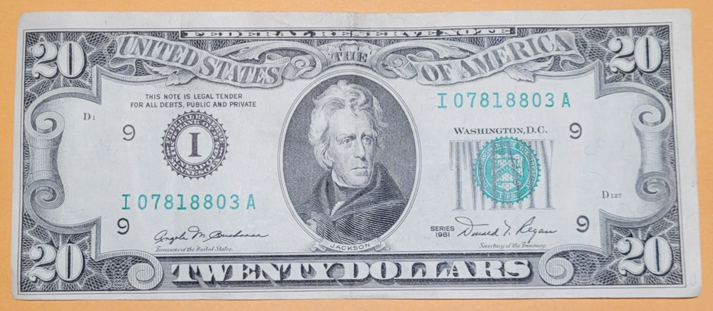 1981 $20 Federal Reserve Note Crisp Off Center Miscut Error Front & Back