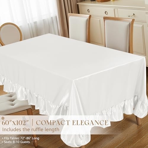 Satin Ruffle Edge Tablecloth - Satin Table 60" x 102" (Rectangular) White