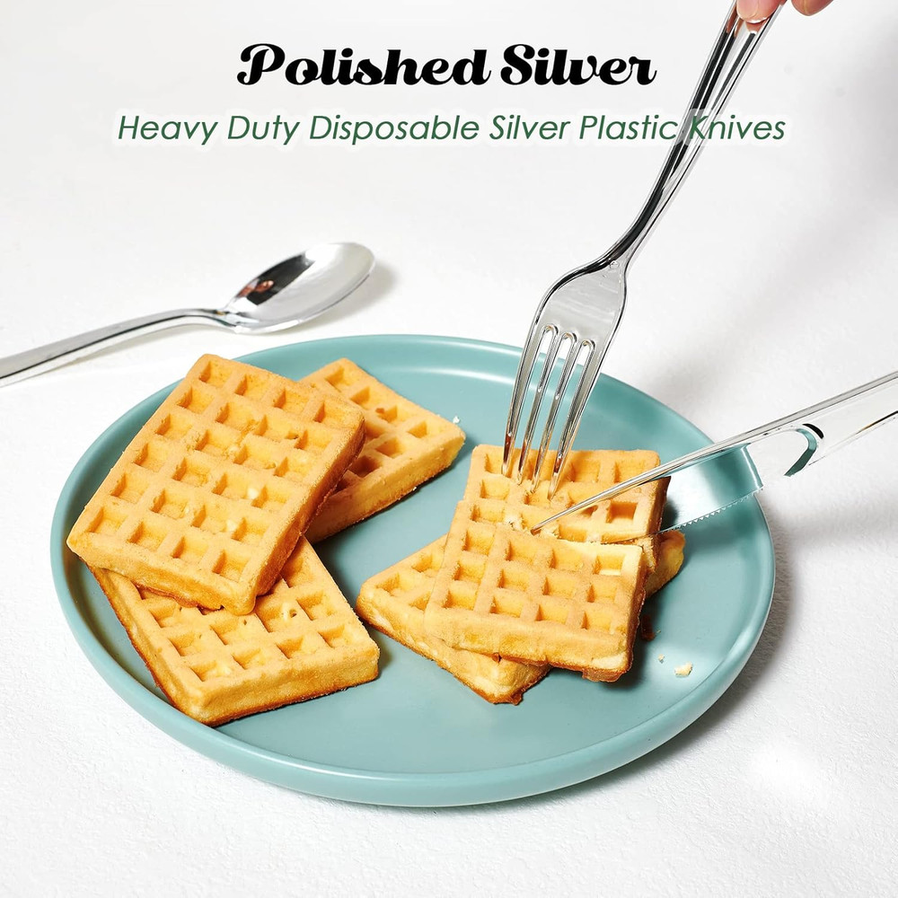 300 Pack 6.8" Disposable Silver Plastic Spoons, Solid and Durable Plastic Cut...